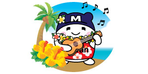 Mi-tan, Mitsuwa's mascot holding ukulele singing at the beach