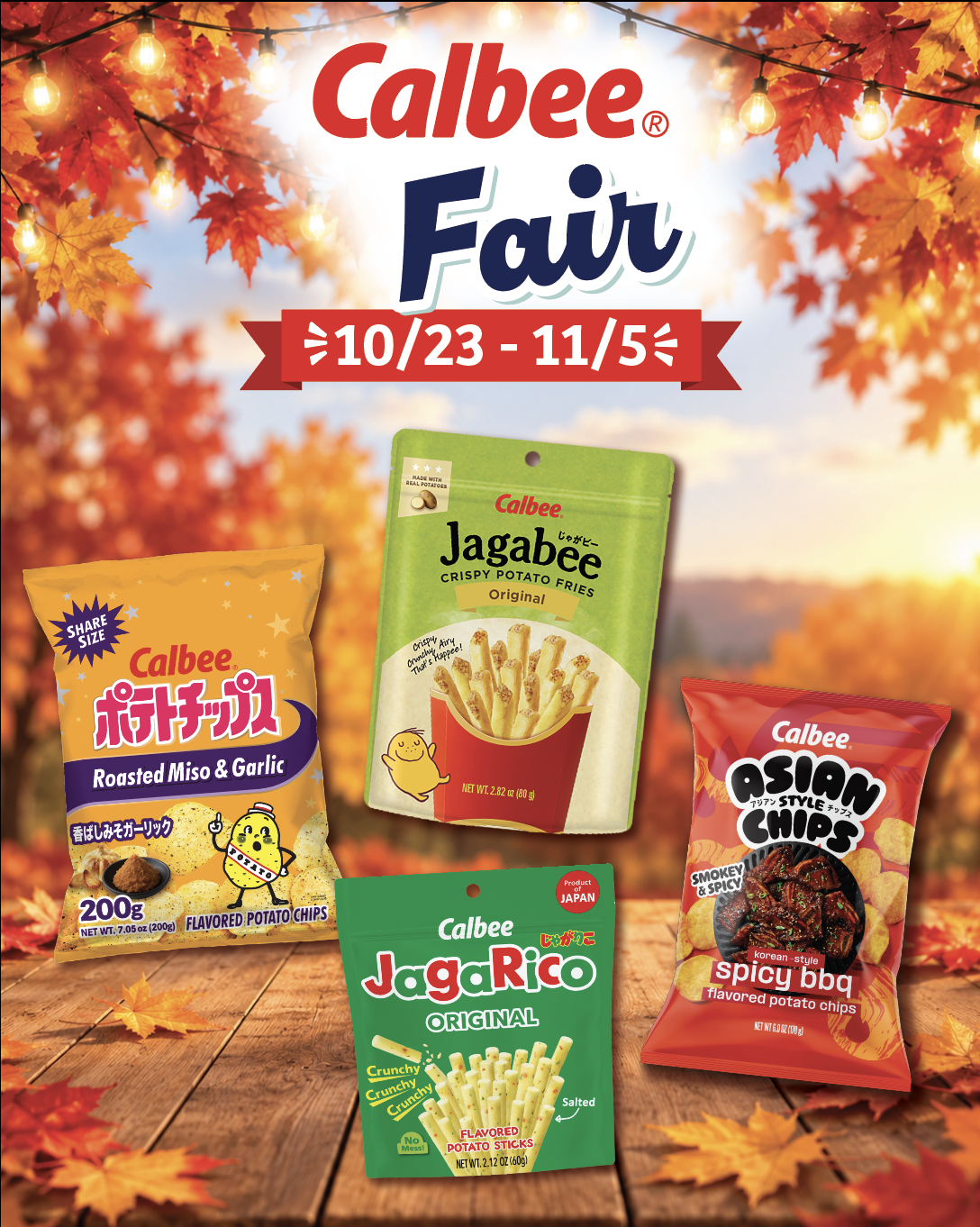 Calbee promotional banner announcing the “Calbee Fair” from October 23 to November 5. The banner features four Japanese snack products: Roasted Miso & Garlic Potato Chips, Jagabee Original Crispy Potato Fries, Asian Style Chips Spicy BBQ, and JagaRico Original Potato Sticks. The products are displayed against a warm autumn-themed background with vibrant red and orange maple leaves, glowing string lights, and a rustic wooden table.