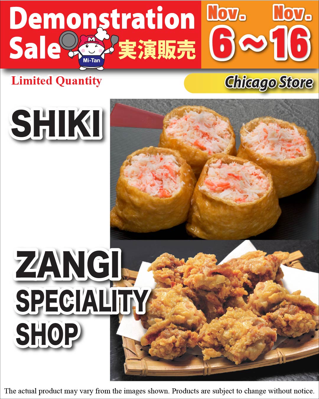 Mitsuwa Marketplace promotional banner announcing a demonstration sale featuring SHIKI and Zangi Speciality Shop at the Chicago Store from November 6 to 16. The banner showcases crab-filled inari sushi and crispy Japanese-style fried chicken (zangi), along with the Mi-Tan mascot and bold red, orange, and yellow graphics. Quantities are limited, and actual products may vary from the images shown without notice.