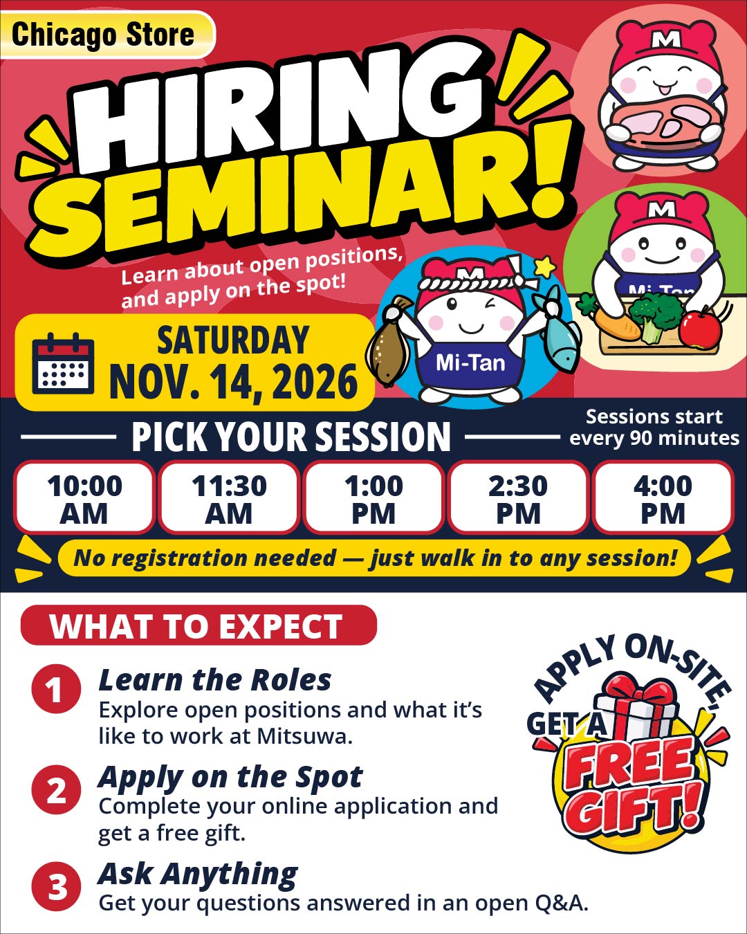 Mitsuwa Marketplace promotional banner announcing a Hiring Seminar at the Chicago Store on Saturday, November 14, 2026. Walk-in sessions are available at 10:00 AM, 11:30 AM, 1:00 PM, 2:30 PM, and 4:00 PM, with no registration required. Attendees can learn about open positions, apply on the spot, receive a free gift after completing an online application, and ask questions during an open Q&A. The colorful banner features the Mi-Tan mascot in various poses, along with bold red, yellow, and navy graphics.