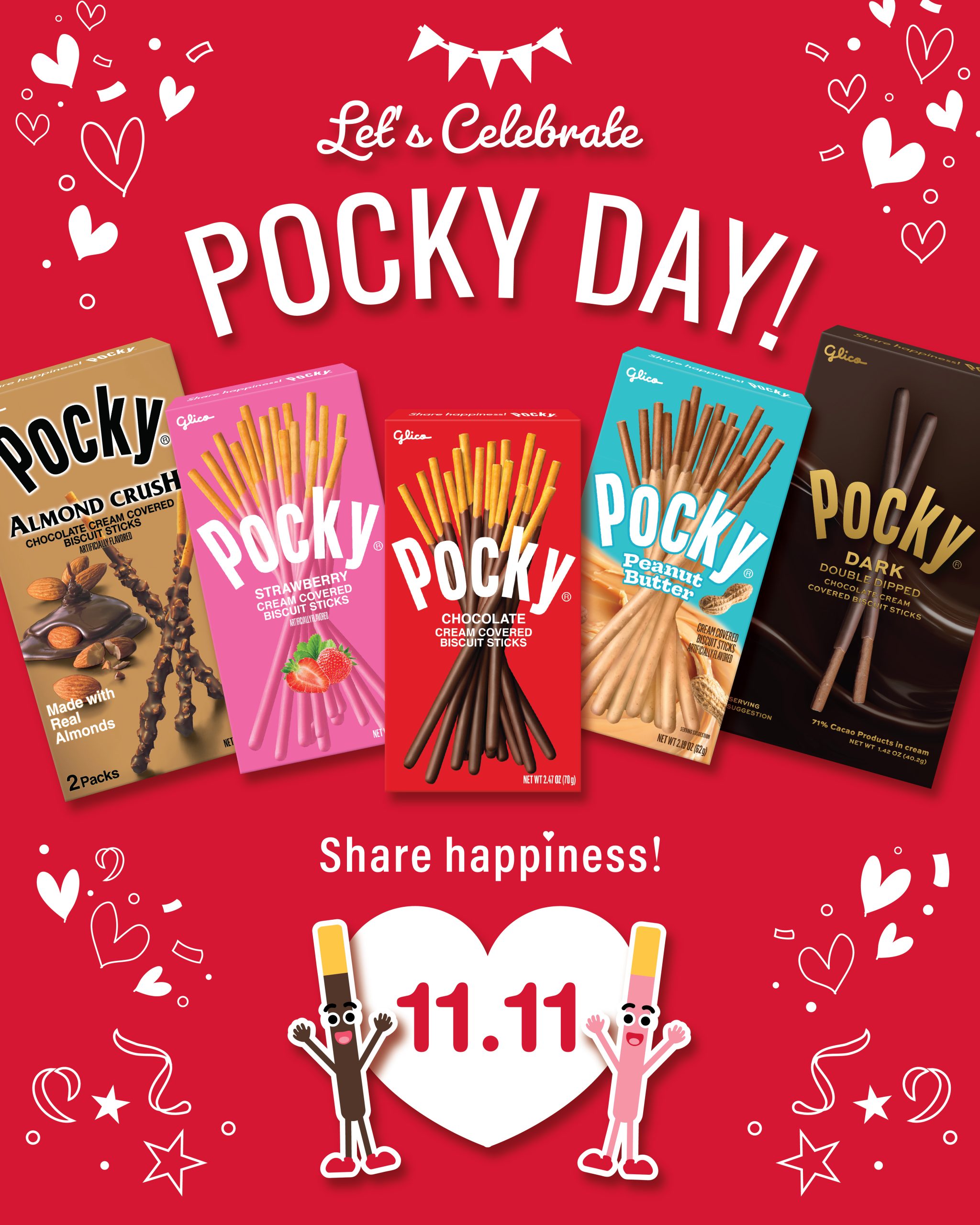 Glico Pocky promotional banner celebrating Pocky Day on November 11 (11.11) with the messages “Let’s Celebrate Pocky Day!” and “Share happiness!” The banner features five Pocky varieties: Almond Crush, Strawberry, Chocolate, Peanut Butter, and Pocky Dark, displayed against a vibrant red background decorated with white hearts, stars, and confetti. Two cheerful Pocky stick characters stand beside a large white heart featuring the date 11.11.